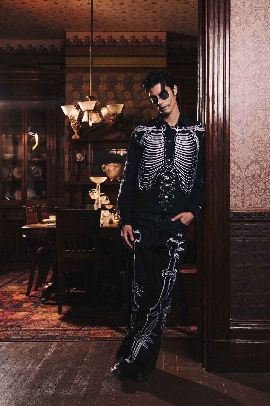Rose Bones Raw Denim Jacket in Black