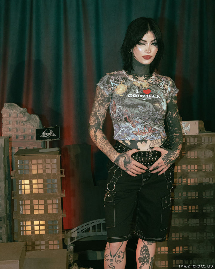 I Heart Godzilla Baby Tee in Godzilla Print
